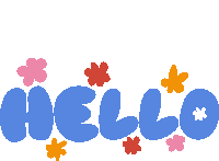 the word hello is surrounded by colorful flowers on a white background