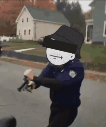 a cartoon of a police officer holding a gun with an arrow pointing to the right