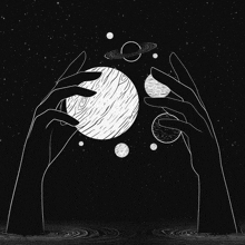 a black and white drawing of a person 's hands holding planets