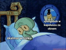 a cartoon of spongebob laying in a bed with a caption that says skalmar w tozku