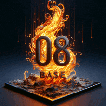 the number 08 is surrounded by flames and the word base is below it