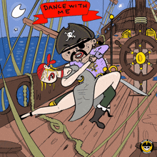 a cartoon of a pirate and a woman dancing with a banner that says " dance with me "