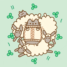 a cartoon drawing of a cat surrounded by sheep