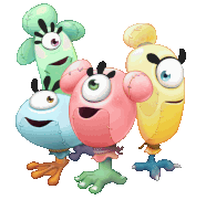 a group of cartoon characters are standing next to each other and one of them is pink