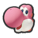 a close up of a pink yoshi sticker with a big mouth .