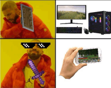 a man wearing sunglasses holds a sword in front of a computer monitor