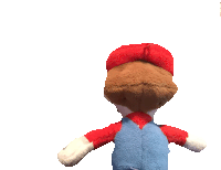 the back of a stuffed mario with a red hat and blue overalls