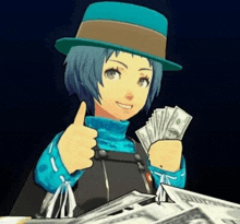 a girl in a blue hat is giving a thumbs up and holding a bunch of money