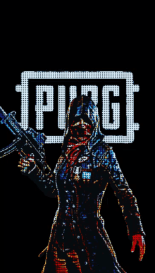 a pixel art of a person holding a gun with the word pubg in the background