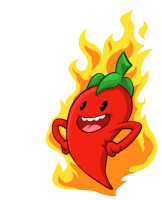 a cartoon illustration of a red chili pepper with flames around it