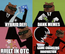 a collage of four cartoon bears with the words hybrid defi dank memes and game changing innovation