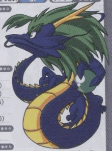 a cartoon drawing of a blue and yellow dragon with a green mane and tail .