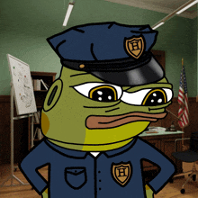 a cartoon of a frog in a police uniform with the letter h on his hat