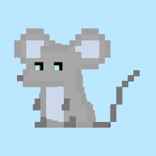 a pixel art of a mouse with blue eyes and a black tail