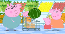 a cartoon of peppa pig and her family in a supermarket