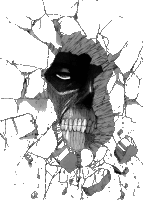 a black and white drawing of a skull breaking through a cracked wall