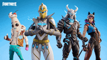 a group of fortnite characters are standing next to each other on a blue background