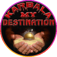 a logo that says karbala my destination with a hand holding a dome