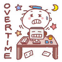 a cartoon drawing of a man sitting at a desk with the word overtime written above him