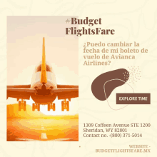 an advertisement for budget flights fare shows an airplane on the tarmac