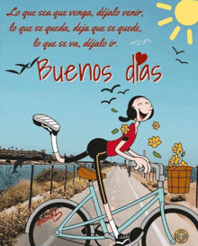 a cartoon of a woman riding a bike with the words buenos dias written on it