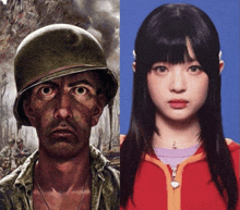 a painting of a soldier next to a picture of a girl in a red jacket