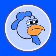 a cartoon chicken with an orange beak is in a blue circle