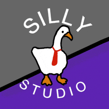 a logo for silly studio with a duck wearing a red tie