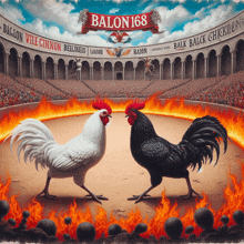 a painting of two roosters standing next to each other with a banner that says ballon 168