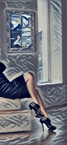 a painting of a woman sitting on a couch with her legs crossed in front of a window