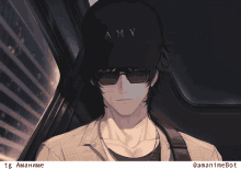 a man wearing sunglasses and a black hat with the word amy on it