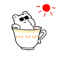 a polar bear wearing sunglasses is sitting in a cup of coffee