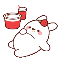 a cartoon drawing of a rabbit with a strawberry on its head and a cup of juice