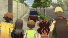 a group of anime characters are walking down a sidewalk holding hands