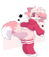 a drawing of a pink and white furry animal with a red hoodie and striped socks