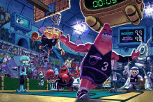 a cartoon drawing of spongebob and patrick playing basketball against the microbes