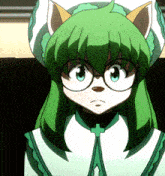 a girl with green hair and glasses is wearing a hat with ears