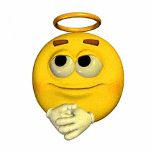 a yellow smiley face with a halo on its head and hands folded .