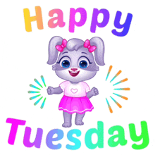 a cartoon bunny says happy tuesday with a pink skirt