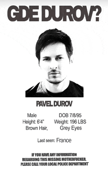 a black and white photo of pavel durov with information about his height and weight