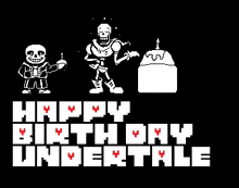 a happy birthday undertale poster with a skeleton holding a candle and a cake .