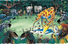 a cartoon drawing of a giraffe surrounded by animals