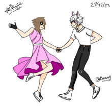 a drawing of a girl in a pink dress and a boy in a white shirt holding hands .