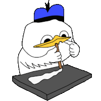 a cartoon duck with a blue hat is holding a stick