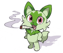 a green and white cat is smoking a cigarette