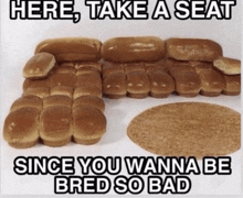 a picture of a couch made out of hot dog buns with the caption here take a seat since you wanna be bred so bad