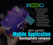 an advertisement for iroid technologies shows a hand holding a phone