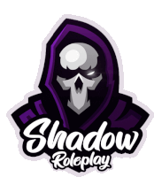 a logo for shadow roleplay with a skeleton in a purple hood