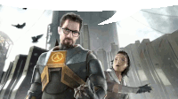 a man and a woman are standing next to each other with a half life logo on their chests