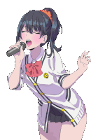 a girl is singing into a microphone with a smiley face on her jacket